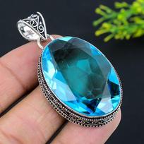 Natural Blue Topaz Gemstone Handmade 925 Sterling Silver Pendant 2.25  y2T44