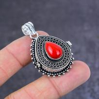 Natural Red Coral Handmade 925 Sterling Silver Jewelry Poison Pendant 1.77  a4M89