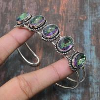 Mystic Topaz Gemstone rankų darbo 925 sterlingų sidabro rankogalių rankogaliai, reguliuojami jai Adjustable žalia