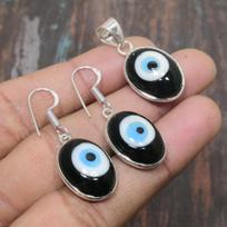 Black Evil Eye Gemstone 925 Sterling Silver Handmade Pendant+Earring Jewelry Set juoda