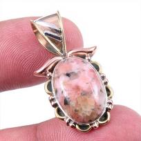 Natural Rhodonite Gemstone 925 Solid Sterling Silver Two Tone Pendant 1.25  O8v16