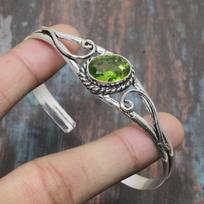 Peridot Gemstone Handmade 925 Sterling Silver Cuff Jewelry Bangle Adjustable Adjustable žalia