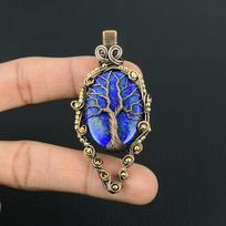 Tree Of Life Lapis Lazuli Gemstone Handmade Pure Copper Wire Wrapped Pendant Jewelry For Thanksgiving 2.83 Inches mėlyna