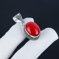 Beautiful Red Coral Gemstone Silver Pendant in 925 Sterling Silver - Handmade Oval Design, Everyday Wear Jewelry Valentine Day Gift 1.95" raudona