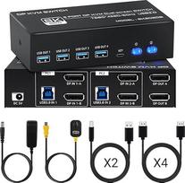 8K @ 60Hz KVM jungiklis 2 kompiuterių kelių monitorių USB 3.0 KVM jungikliai, palaiko išplėstinį ir kopijavimo režimą, su darbastalio valdikliu ir kabeliu (dviejų monitorių DP HDMI)