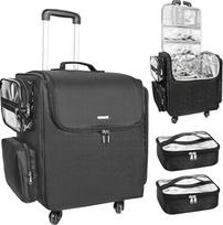 Rolling Cosmetic Case, kirpyklos kelioninis krepšys su 4 ratukais, šilumos izoliacija visu sluoksniu, reguliuojamas skirstytuvas, plaukų įrankių ir kosmetikos laikymo organizatorius, vežimėlis, lagaminas, makiažo krepšelis, juodas, vežimėlis