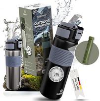 SURVIVO® Vandens filtras Lauko butelis [660 ml] Nerūdijančio plieno vandens butelis su nuimamu filtru, 4000 L filtro talpa, stovyklavimui, žygiams, išgyvenimui, kelionėms - saugiausias lauko įrangos priedas