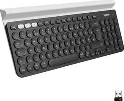 "Logitech K780" belaidė klaviatūra, "Bluetooth" ir 2,4 GHz ryšys, integruotas kelių įrenginių ir lengvo perjungimo laikiklis, "PC" / "Mac" / planšetinis kompiuteris / išmanusis telefonas, vokiškas QWERTZ išdėstymas - tamsiai pilka / balta
