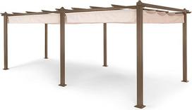 blumfeldt Pantheon Rust Pergola Paviljono stoginė Saulės skydelis Kvadratinis vamzdis Aliuminio kampiniai stulpai 10 x 10 cm 1,2 mm storio poliesterio stogas Atsparus vandeniui Paviršius padengtas 3 x 6 m smėlio spalvos