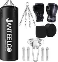 JanTeelGO Punch Bag Hanging Type and Unfilled Punch Bag Adult 100 cm Durable PU Leather with Mounting Chain and Ceiling Hook for Men Women Teenagers MMA Kickboxing Muay Thai Karate Black