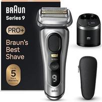 "Braun Series 9 Pro+" elektrinis skustuvas vyrams su 5 "Pro" skustuvo elementais, "ProTrimmer" ilgų plaukų kirptuvu ir valymo stotele, veikia 60 minučių, pagamintas Vokietijoje, 9567 cm3, sidabrinės spalvos