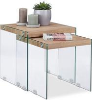 "Relaxdays" 2 medinių staliukų komplektas, medžio masyvo stalviršis, elegantiški stikliniai staliukai, 40-45 cm aukščio, natūralūs