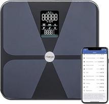 "Haepi" - Vonios svarstyklės su "Bluetooth" - 15 duomenų analizė (KMI, riebalai, kaulai, raumenys, vanduo) - juodos spalvos - stiklinės - skaitmeninės - 180 kg - prijungtas impedanso matuoklis