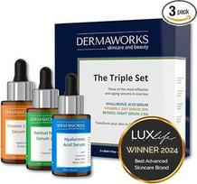 DERMAWORKS Serum Set Vitamin C Serum 20%, Retinol Serum 2.5% and Hyaluronic Acid Serum Skincare Set Anti Wrinkles, Anti Ageing Serum Face Care Set Serum Face for Firm and Radiant Skin