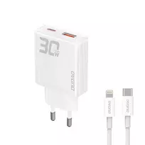 GaN Dudao A30EUL 30W USB-A / USB-C laidinis įkroviklis + USB-C – Lightning kabelis – baltos spalvos