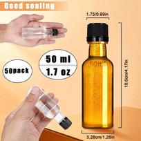 50 vnt. Mini plastikiniai alkoholio buteliukai, 2 oz. (59 ml) šotų buteliukai su kamšteliais, maži plastikiniai alkoholio buteliukai, maistinio lygio nepralaidūs konteineriai