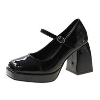 Vintage Chunky High Heels Mary Jane Shoes for Women Patent Leather Platform Pumps Woman Square Toe Thick Heel Black Lolita Shoes 35 juoda