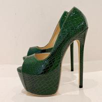 2025 New Green Snake Print Leather Platform Pumps Women Sexy Slingback Peep Toe Extreme High Heels Strip Pole Dance Shoes 35 žalia