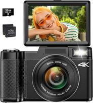 4K skaitmeninis fotoaparatas fotografavimui, automatinis fokusavimas, 48 MP vaizdo kamera "YouTube" su 16 kartų skaitmeniniu priartinimu, 3" 180° apverčiamasis ekranas, kompaktiška vaizdo kamera su pakeliama blykste
