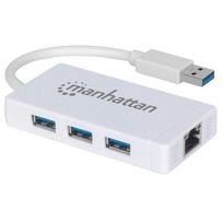 Manhattan USB-A 3-Port Hub with Gigabit Ethernet Adapter, 3x USB-A Ports, 5Gbps (USB 3.2 Gen 1, also known as USB 3.0), 1x 10/100/1000Mbps Ethernet network, Equivalent to ST3300GU3B, RJ45, SuperSpeed