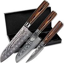 "Wolfblood" 3 Santoku Damasko peilių rinkinys (30, 24 ir 20 cm) Profesionalus Damasko virtuvės peilių rinkinys, pagamintas iš tikro 67 sluoksnių Damasko plieno I Damasko peilių rinkinys su Santoku peiliu, biuro peiliu, dovanų dėžute ir