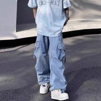 Casual pants men's spring summer retro loose wide-leg straight paratrooper long pants M mėlyna