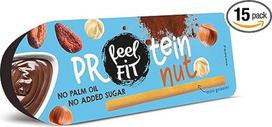 "Feel FIT Protein" riešutų ir mini grissini, skanus lazdyno riešutų kakavos kremas ir 7 traškios duonos lazdelės, baltyminis užkandis be pridėtinio cukraus ir be palmių aliejaus (15 x 25 g)