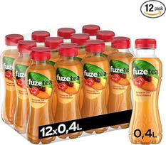 "Fuze Tea" juodoji arbata "Peach Hibiscus" - arbatos, sulčių ir žolelių sintezė su persikų ir hibiskų deriniu - mažai kalorijų turinti šaltoji arbata, auginama tvariai - vienkartiniai buteliukai (12 x 400 ml)