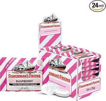 "Fisherman's Friend Raspberry", 24 dėžutės, aviečių ir mentolio skonio, be cukraus ir veganiškas, saldainiai gaiviam burnos kvapui, 24 x 25 g