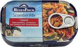 Rügen Fisch Scomber Mix Skumbrės filė smulkinta su daržovėmis ir pomidorų pasta 120 g