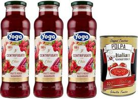 3 x Yoga il Centrifugato con Chia, vaisių koncentratas su chia, raudonaisiais vaisiais ir rabarbarais, vaisių sultys be pridėtinio cukraus, 680 ml stiklinis buteliukas + Italian Gourmet Polpa di Pomodoro 400 g skardinė