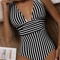Dryžuotas vientisas maudymosi kostiumėlis Vintažinis maudymosi kostiumėlis Moteriškas V formos iškirptės maudymosi kostiumėlis, moteriškas vasaros paplūdimio kostiumas S juoda