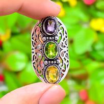 Peridotas, Citrinas Rankų darbo 925 prabos sidabro papuošalas Žiedas Dydis 9 a2U74 black