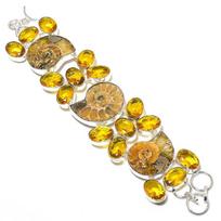 Ammonite Fossil, Citrine Handmade 925 Sterling Silver Jewelry Bracelet 7-8  l3b73