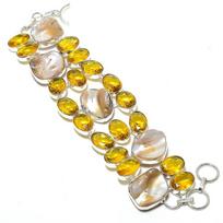 Biwa Pearl, Citrine Handmade 925 Sterling Silver Bracelet 7-8  O1M57