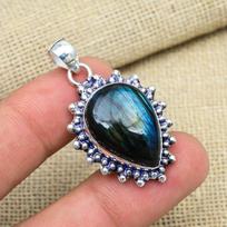 Labradorite Gemstone Jewelry Handmade 925 Sterling Silver Designer Silver Pendant For Wedding Gift 1.65 Inches mėlyna