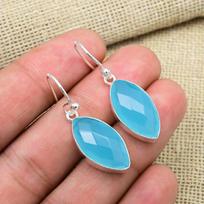 Blue Chalcedony Gemstone 925 Solid Sterling Silver Handmade Antique Jewelry Gift For Mother Earrings 1.57 Inches mėlyna