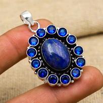 Lapis Lazuli, Blue Topaz Gemstone Handmade Jewelry 925 Sterling Silver Unique Pendant For Gift 1.85 Inches mėlyna
