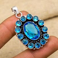 Blue Topaz Gemstone Handmade 925 Sterling Silver Jewelry Pendant Dainty Gifts For Love 1.85 inches mėlyna