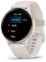 Garmin vívoactive 5 kreminės aukso spalvos aliuminio apvadas su dramblio kaulo spalvos korpusu ir silikoniniu dirželiu