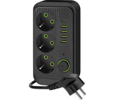 Kištukinio lizdo skirstytuvas su jungikliu LINEA 3x230V + 5xUSB A/C 1,5 m SCHUKO juoda