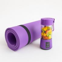 Nešiojamas USB trintuvas 380 ml su violetiniu jogos ir mankštos kilimėliu – sporto rinkinys, violetinis