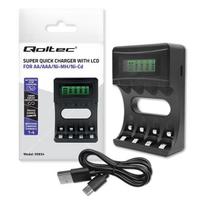 "Qoltec" įkraunamų Ni-MH baterijų įkroviklis, tipas R03 AAA R6 AA | LCD | USB laidas