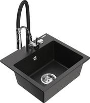 Granitinė virtuvinė plautuvė Mexen Milo su maišytuvu ir sifonu, Metallic black/Silver/Black/Chrome