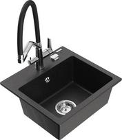 Granitinė virtuvinė plautuvė Mexen Milo su maišytuvu ir sifonu, Metallic black/Silver/Black/Chrome