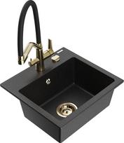 Granitinė virtuvinė plautuvė Mexen Milo su maišytuvu ir sifonu, Metallic black/Silver/Black/Gold