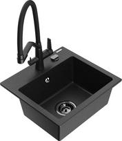 Granitinė virtuvinė plautuvė Mexen Milo su maišytuvu ir sifonu, Metallic black/Silver/Black