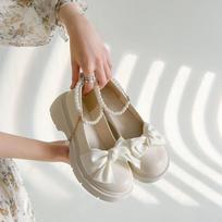 French Marilyn Jane Shoes for Girls Spring and Autumn New Pearl Bow Girl Single Shoes Thick Heel Fairy Style Lefu Shoes 35 balta