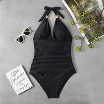 Sexy V Neck One Piece Swimsuit Women Vintage Leopard Print Lace Up Triangle Halter Bathing Suit 2025 New Chic Holiday Beachwear S