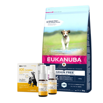 EUKANUBA Puppy&Junior Small/Medium Grain Free 3kg + Lab-V ADE Complex - vitaminų A, D ir E kompleksas šunims ir katėms